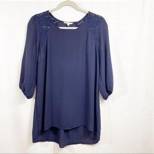 Tea n Rose Womens‎ Medium Navy Blue 3/4 Sleeve Hi-Lo Tunic Blouse Casual